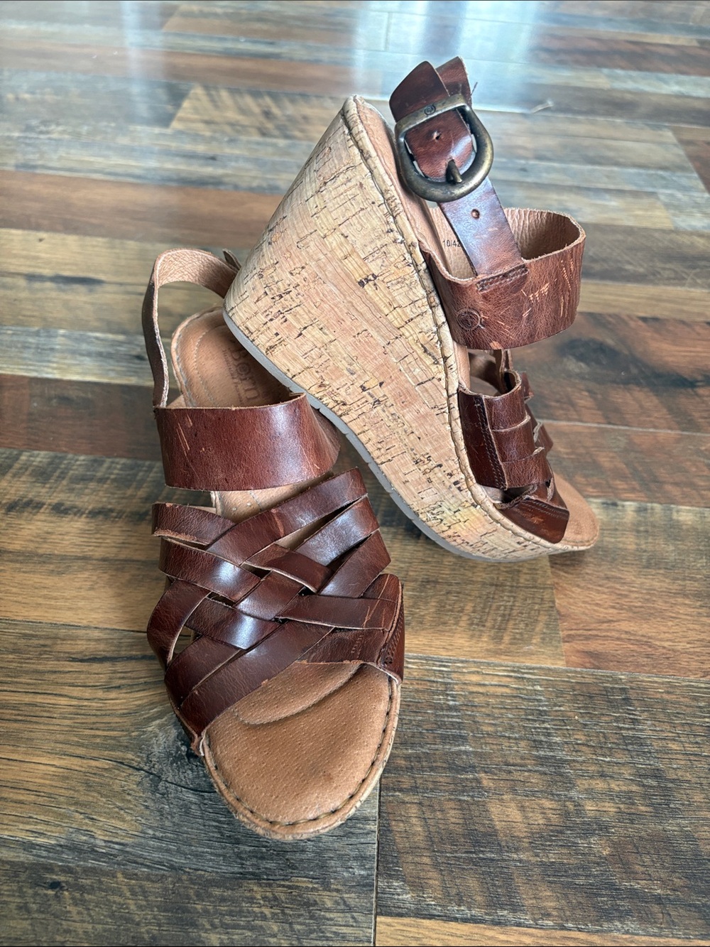 BORN Brown Leather Wedge Sandals with Cork Heel